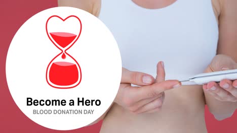 Animation-of-blood-donation-day-text-with-hourglass-heart-logo-over-woman-taking-pinprick-blood-test