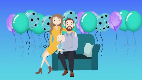 Animation-of-illustration-of-happy-parents-holding-baby,-with-colourful-balloons-on-blue-background