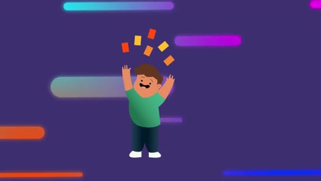 Animation-of-illustration-of-happy-boy-with-playing-cards-over-colourful-shapes-on-purple-background