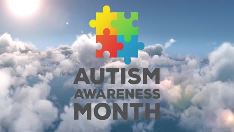 Animation-of-colourful-puzzle-pieces-and-autism-awareness-month-text-over-sky