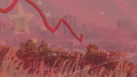 Animation-Der-Flagge-Chinas-Und-Finanzdatenverarbeitung-über-Dem-Stadtbild