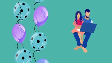 Animation-of-illustration-of-father-and-daughter-using-laptop,-with-colourful-balloons-on-blue