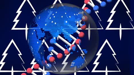 Animation-of-dna-strand-and-globe-over-tree-icons-on-blue-background