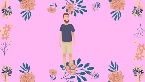 Animation-of-illustration-of-smiling-man-in-t-shirt-and-shorts-with-flowers-on-pink-background