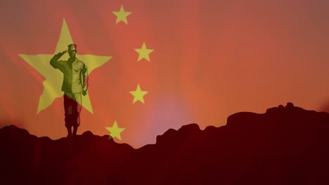 Animation-Der-Flagge-Chinas-über-Der-Silhouette-Von-Soldaten
