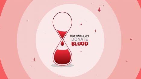 Animation-of-donate-blood-text-with-blood-in-hourglass-logo-and-drops-of-blood-over-pink-circles