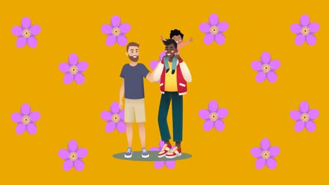 Animation-of-illustration-of-happy-biracial-gay-male-parents-and-son,-with-purple-flowers-on-orange