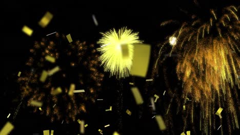 Animation-of-gold-christmas-and-new-year-fireworks-and-gold-confetti-in-night-sky