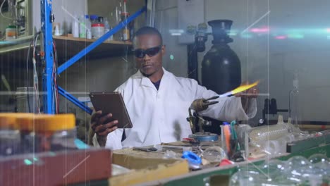 Animation-of-clock-moving-over-african-american-male-scientist-working-in-lab