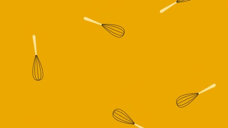Animation-of-illustration-of-black-and-cream-egg-whisks-falling-on-yellow-background