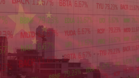 Animation-of-flag-of-china-and-stock-market-over-cityscape
