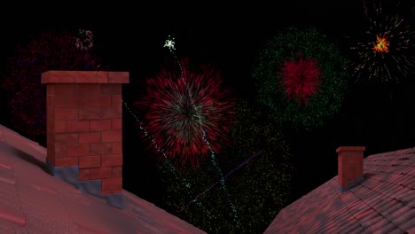 Animation-of-colourful-christmas-and-new-year-fireworks-exploding-over-rooftops-in-night-sky