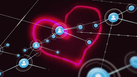 Animation-of-network-of-connections-with-digital-icons-over-red-neon-heart