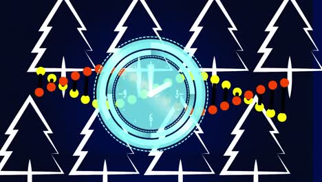 Animation-of-moving-clock-over-dna-strand-and-tree-icons-on-blue-background