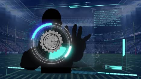 Animation-of-clock,-scope-scanning-and-data-processing-over-man's-silhouette-and-sports-stadium
