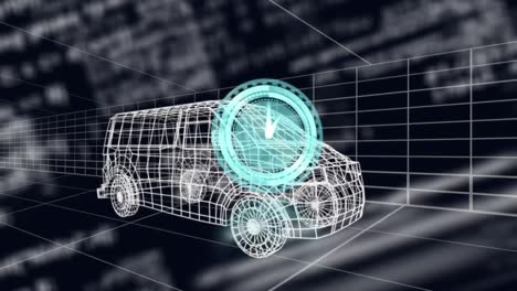 Animation-of-clock-and-data-processing-over-3d-drawing-model-of-van-and-grid