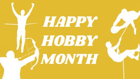 Animation-of-happy-hobby-month-text-in-white-with-silhouettes-of-people-doing-sports-activities