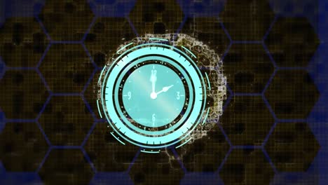 Animation-of-moving-clock-over-digital-brain-and-hexagons-on-blue-background