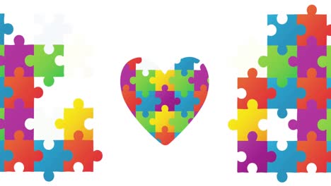 Animation-of-autism-colourful-puzzle-pieces-forming-heart-on-white-background