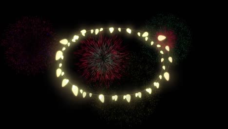 Animation-of-circle-of-fairy-lights-with-colourful-christmas-and-new-year-fireworks-in-night-sky