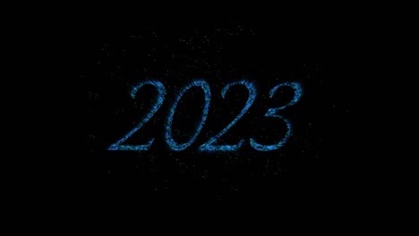 Animation-Des-Textes-2023-In-Blau-Mit-Blau-weißem-Neujahrsfeuerwerk,-Das-Am-Nachthimmel-Explodiert