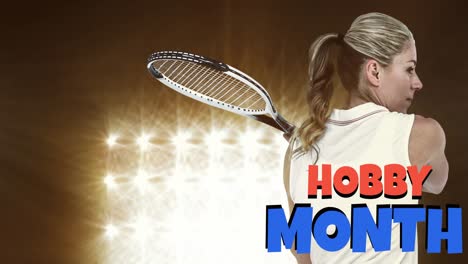 Animation-of-hobby-month-text-in-red-and-blue,-with-female-tennis-player-over-floodlights