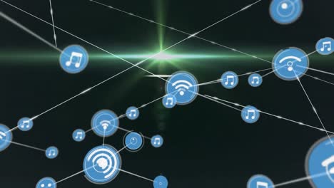 Animation-of-network-of-connections-with-digital-icons-over-green-glowing-light