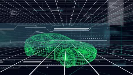 Animation-of-data-processing-over-3d-drawing-model-of-car-and-grid