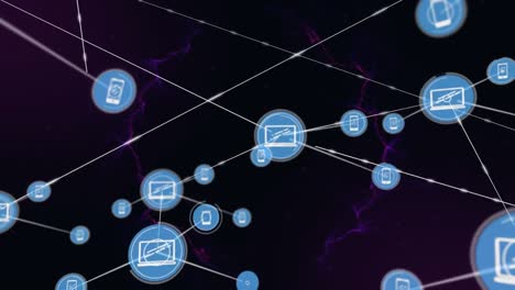 Animation-of-network-of-connections-with-digital-icons-over-purple-smoke-trails