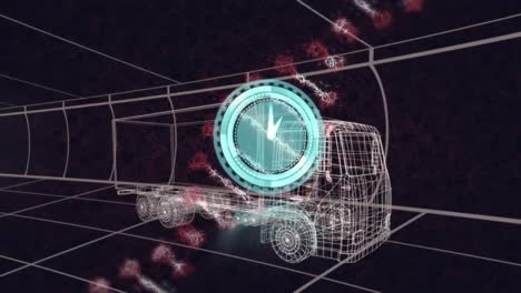 Animation-of-clock-and-dna-strand-over-3d-drawing-model-of-lorry-and-grid