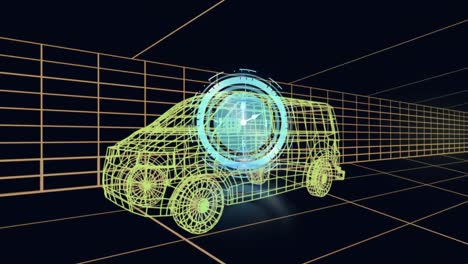 Animation-of-clock-moving-fast-over-3d-drawing-model-of-van-and-grid