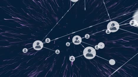 Animation-of-network-of-connections-with-digital-people-icons-over-purple-explosion
