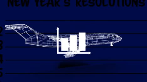 Animation-Der-Statistikverarbeitung-über-Einem-3D-Flugzeugmodell,-Das-Sich-Auf-Blauem-Hintergrund-Dreht