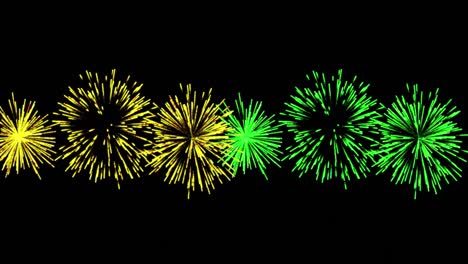 Animation-of-yellow-and-green-christmas-and-new-year-fireworks-exploding-in-night-sky