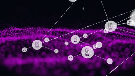 Animation-of-network-of-connections-with-digital-icons-over-purple-mesh
