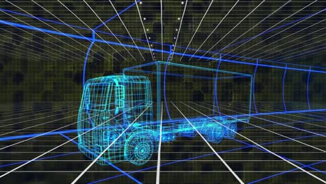 Animation-Blauer-Linien-über-Einem-3D-Zeichnungsmodell-Eines-Lastkraftwagens-Und-Eines-Gitters