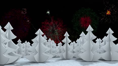 Animation-of-colourful-christmas-and-new-year-fireworks-over-white-tree-shapes-in-night-sky