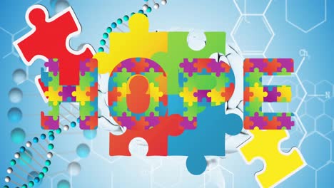 Animation-of-autism-colourful-puzzle-pieces-forming-hope-text,-dna-strand-and-human-brain