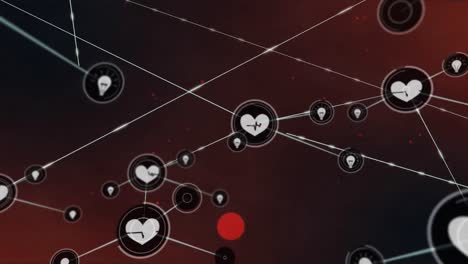 Animation-of-network-of-connections-with-digital-heart-icons-over-red-specks