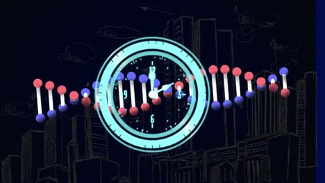 Animation-of-moving-clock-over-dna-strand-and-cityscape-on-black-background