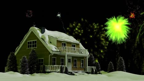 Animation-Von-Farbenfrohen-Weihnachts--Und-Neujahrsfeuerwerken,-Die-Am-Nachthimmel-über-Einem-Haus-Im-Schnee-Explodieren