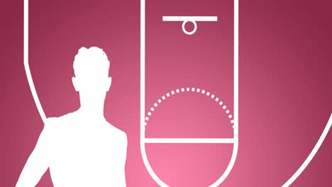 Animation-of-silhouette-of-basketball-player-holding-ball-over-court-markings-on-pink