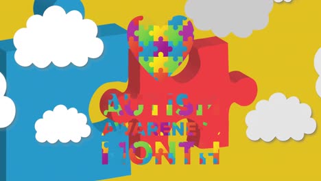 Animation-of-autism-awareness-month-colourful-puzzle-pieces-and-text-over-clouds
