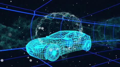 Animation-of-human-brain-spinning-over-3d-drawing-model-of-car-and-grid