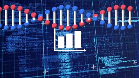 Animation-Des-DNA-Strangs-Und-Diagramm-über-Die-Datenverarbeitung-Auf-Blauem-Hintergrund