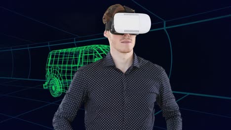 Animation-of-caucasian-man-wearing-vr-headset-over-3d-drawing-model-of-van-and-grid