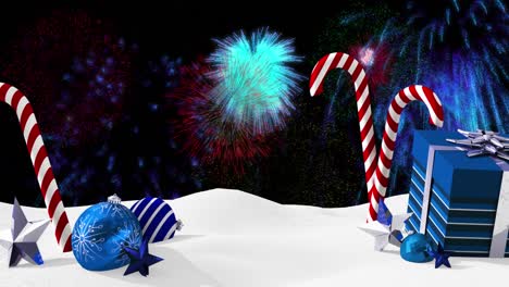Animation-of-christmas-decorations-and-presents,-with-colourful-fireworks-exploding-in-night-sky