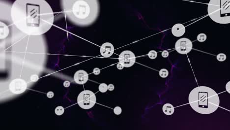 Animation-of-network-of-connections-with-digital-icons-over-purple-smoke-trails
