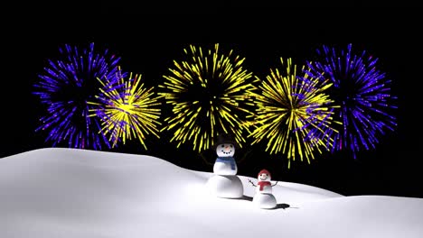 Animation-of-snowmen-with-purple-and-yellow-christmas-and-new-year-fireworks-exploding-in-night-sky
