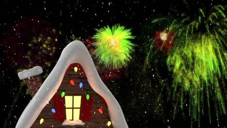 Animation-of-colourful-christmas-and-new-year-fireworks-and-snow-in-night-sky-over-cottage